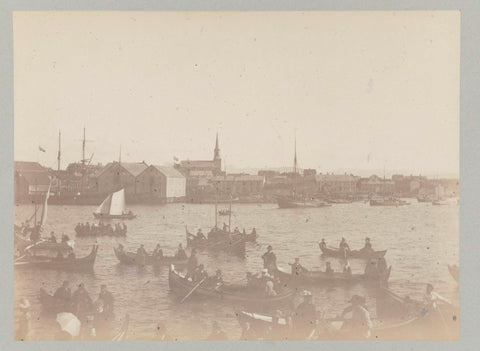 The ship the Hohenzollern surrounded by full rowing boats in a harbor, Paul Güssfeldt (attributed to), 1889 Canvas Print