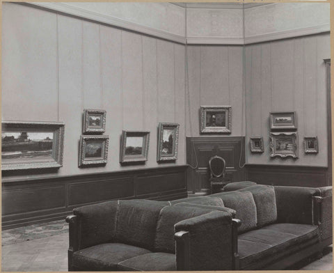 Room with ten paintings, on the left a representation with half of a mill, c. 1910 - c. 1930 Canvas Print