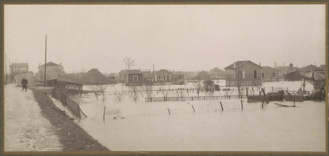 Panoramic photo of flooded gardens and sagging houses in a suburb of Paris, G. Dangereux, 1910 Canvas Print