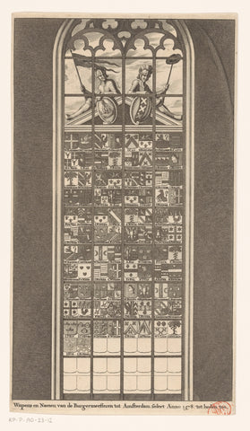 Stained glass window with the weapons and names of the Amsterdam mayors (1578-1691) in the Oude Kerk in Amsterdam, anonymous, 1693 - 1726 Canvas Print