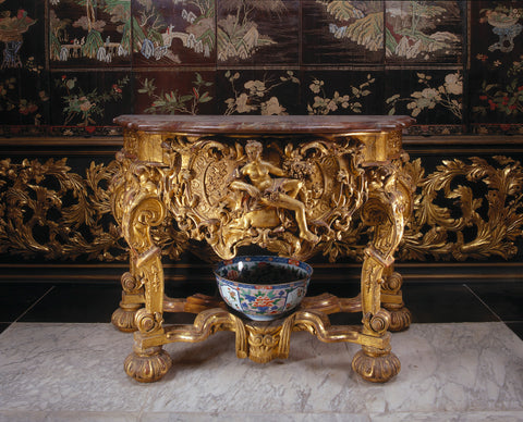 Marble top plate belonging to a wall table of gilded lime wood with Europe on the bull at the front, anonymous, 1690 - 1710 Canvas Print