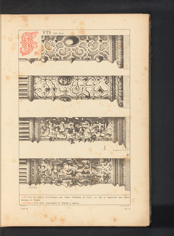 Reproduction of a print of four decorated shafts of pillars by Hans Vredeman de Vries, anonymous, Joseph Maes (possibly), c. 1875 - in or before 1880 Canvas Print