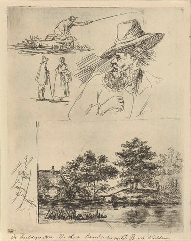 Study sheet with four figures and a landscape, David van der Kellen (1804-1879), 1841 - 1878 Canvas Print