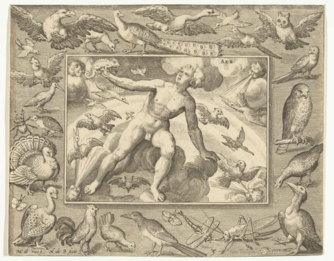 Element of air as a young man on clouds between flying birds, Nicolaes de Bruyn, 1581 - 1656 Canvas Print