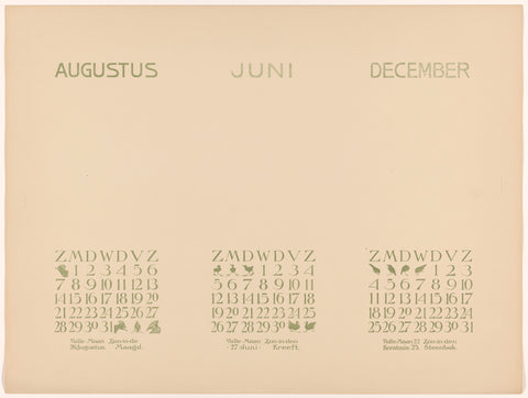 Calendars for August, June and December 1904, Theo van Hoytema, 1904 Canvas Print