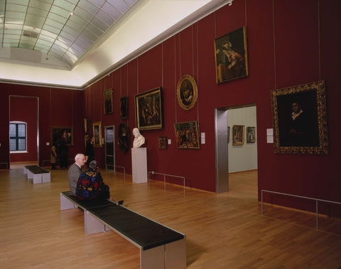 Room with various paintings and visitors sitting on benches, 2001 Canvas Print