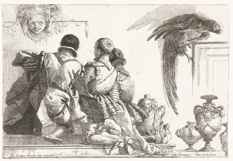 Drie knielende jongens op de rug gezien en papegaai, Giovanni Domenico Tiepolo, c. 1751 - c. 1755 Canvas Print