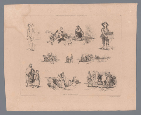 Nine depictions of figures in the countryside, Fortuné Férogio, 1839 - 1845 Canvas Print