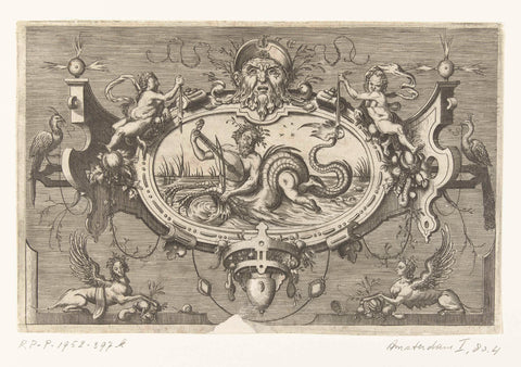 Cartouche with a fiddle playing triton, Harmen Jansz Muller, 1564 Canvas Print