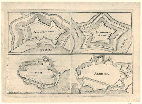 Leaf with the fortresses at Crèvecoeur, Sint Andries, Tiel and Arnhem, conquered by the French or Munstersen, 1672, Gaspar Bouttats, 1672 Canvas Print