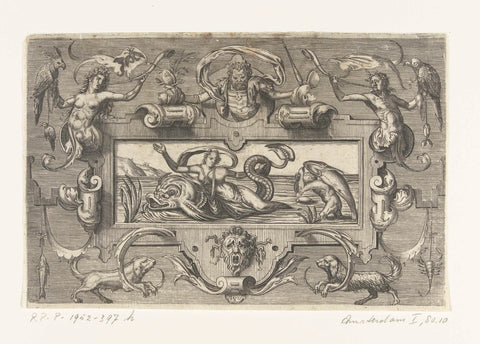 Cartouche with a woman on a sea monster, Harmen Jansz Muller, 1564 Canvas Print