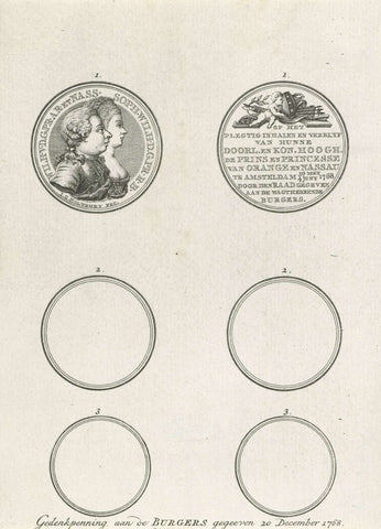 Commemorative medal in honour of the visit of William V and Wilhelmina of Prussia to Amsterdam, 1768, anonymous, 1768 Canvas Print