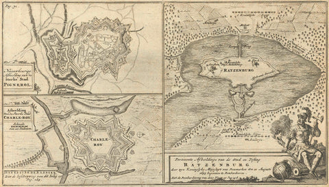 Maps of Pinerolo, Charleroi and Ratzeburg, Jan Luyken, 1693 Canvas Print