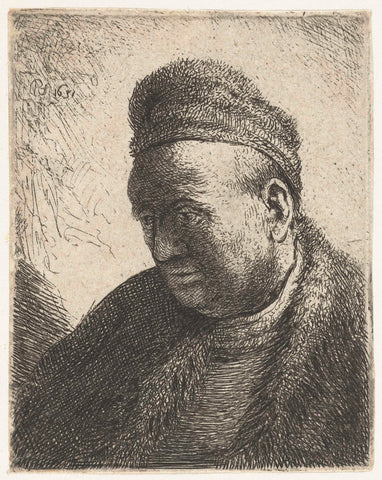 Beardless man in a fur cloak and cap: bust, Rembrandt van Rijn, 1631 Canvas Print