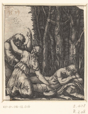 Man and young woman at sleeping naked man for forest edge, Marcantonio Raimondi, 1510 - 1527 Canvas Print