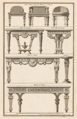 Stoelen, tafels en bureau, Jean François de Neufforge, 1767 Canvas Print