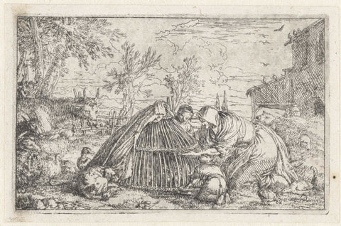 Peasant Woman and Two Children Feeding the Chickens, Jonas Umbach, 1634 - 1693 Canvas Print