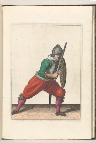 The exercise with shield and skewer: the soldier in a defensive position with one foot forward and with his rapier and shield on the knee in front of the body (no. 21), 1618, Adam van Breen, 1616 - 1618 Canvas Print