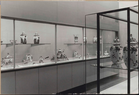 Room 170 with ceramics, including crockery and vases, partly in built-in display cases, 1962 Canvas Print