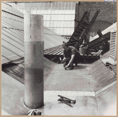 Man carries out repair on roof, in the foreground a pipe, c. 1961 Canvas Print