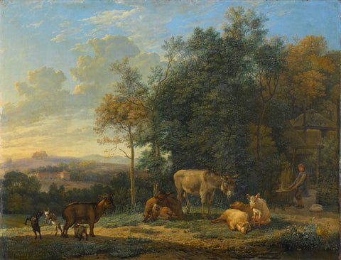 Landscape with Two Donkeys, Goats and Pigs, Karel du Jardin, 1655 Canvas Print