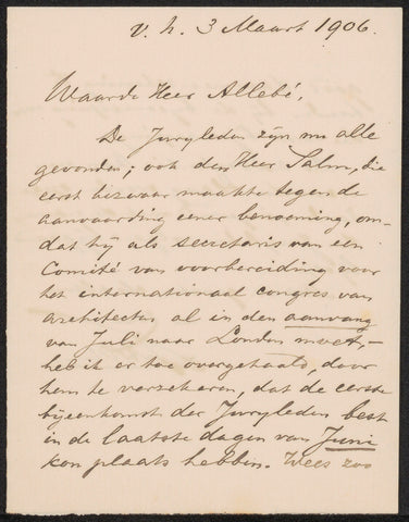 Letter to August Allebé, Jérôme Alexander Sillem, 1903 Canvas Print