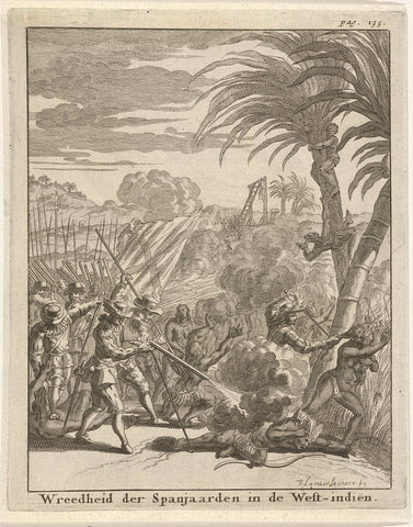 Spaniards shelling inhabitants of the West Indies, Jan Lamsvelt, 1700 Canvas Print