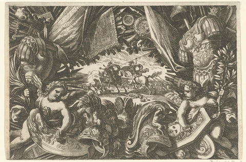 Wapentrofee in form of cartouche, Jean Lepautre, after 1634 - before 1667 Canvas Print