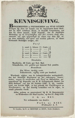 Notification of the city of Leiden, 1839, David Du Mortier & Son, 1839 Canvas Print