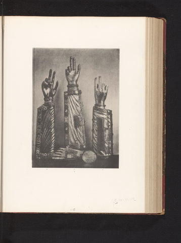 Three relic cabinets in the shape of a hand and a relic case in the shape of a foot, drawn up at an exhibition about religious objects from the Middle Ages and Renaissance in 1864 in Mechelen, Joseph Maes, 1864 - in or before 1866 Canvas Print