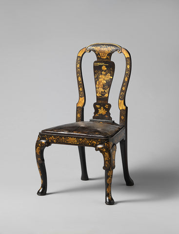 Chair of beech wood, painted with chinoiseries in gold on a black background., anonymous, 1700 - 1725 Canvas Print