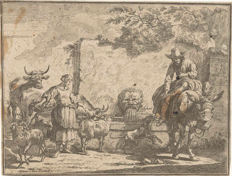 Woman and a man on a donkey at a water source, Paul van Somer (II), 1670 - 1675 Canvas Print