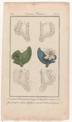 Journal des Dames et des Modes, Costumes Parisiens, 5 November 1818, (1771): 1. Cornettes de Perkale (...), anonymous, 1818 Canvas Print