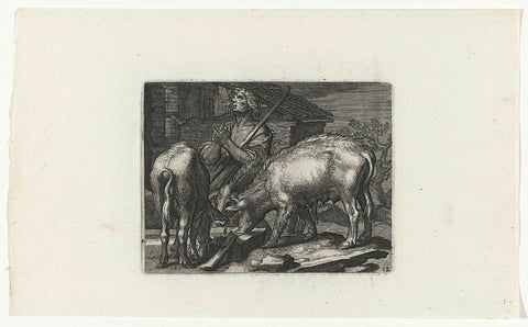 Prodigal son as a pig herder with pigs by trough, anonymous, 1611 - 1650 Canvas Print