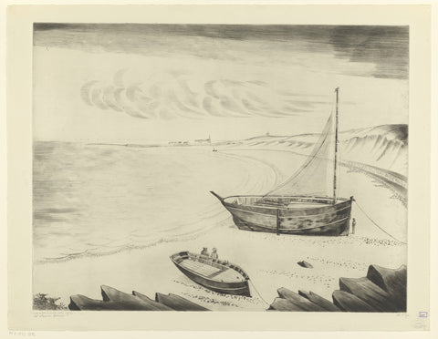 Drie afgemeerde schepen op een strand, Lodewijk Schelfhout, 1928 Canvas Print