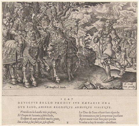 Surrender of the Duke of Saxony on the battlefield of Mühlberg, 1547, Dirck Volckertsz. Coornhert, 1555 - 1556 Canvas Print