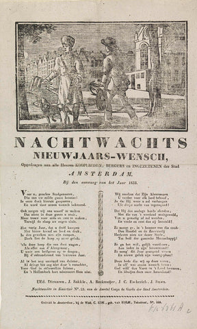 New Year's wish of the Amsterdam night watch for the year 1833, anonymous, 1832 - 1833 Canvas Print