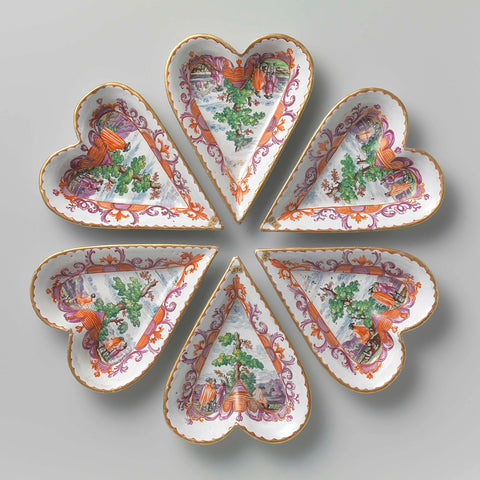 Set of six small heart-shaped dishes, anonymous, c. 1735 - c. 1755 Canvas Print