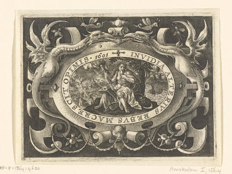 Cartouche in which the envy with snake hairs, biting into a heart, anonymous, 1601 Canvas Print