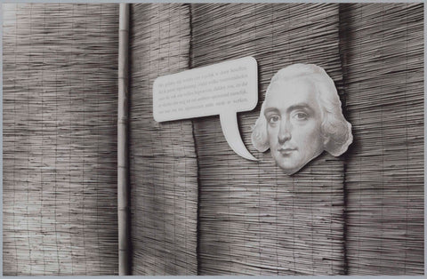 Reproduction of portrait of Herman Willem Daendels with a speech bubble on a wall covered with wicker mattten, c. 1991 Canvas Print