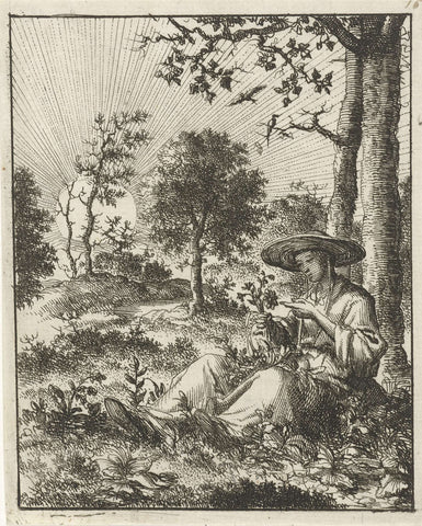 Woman looks at flowers in the field, Jan Luyken, 1687 Canvas Print