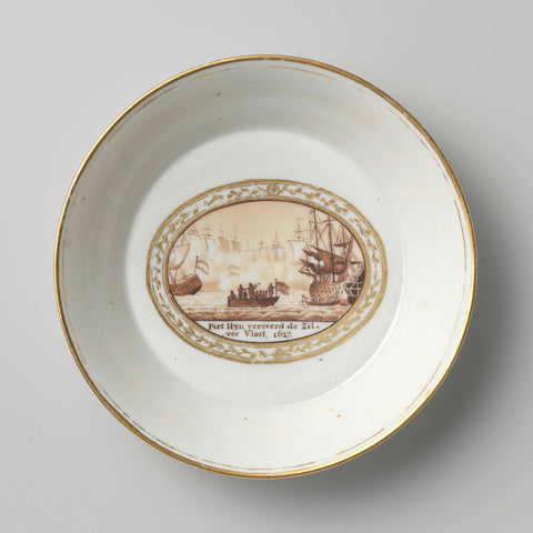 Saucer with an image of Piet Heyn and the Silver Fleet, anonymous (attributed to), after 1794 Canvas Print