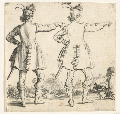 Twice the same soldier with small plumed hat and raised arm, seen on the back, Jacques Callot, 1621 - 1624 Canvas Print