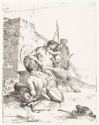 Satyr Family with Musical Instruments Sitting by a Monument, Giovanni Battista Tiepolo, in or before c. 1750 Canvas Print