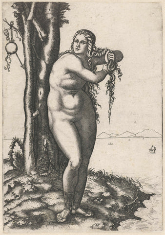 Venus stands on the waterfront and wrings water out of her hair, Marcantonio Raimondi, 1506 Canvas Print