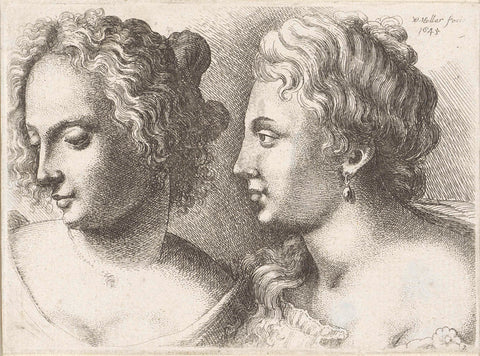 Heads of two young women, Wenceslaus Hollar, 1645 Canvas Print