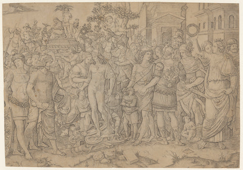 Triumph of Roman emperor with soldiers and looted armor, 70, Marcantonio Raimondi, 1510 - 1527 Canvas Print