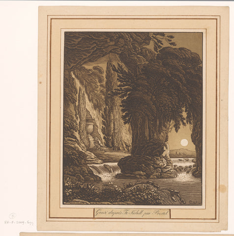 Rocky landscape with a waterfall, on the left two mourning figures in front of a funerary monument, Johann Gottlieb Prestel, 1791 - 1819 Canvas Print