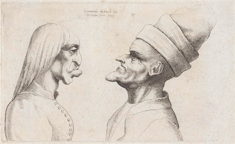 Deformed heads of a woman with style of hair and man with double-rimmed hat, Wenceslaus Hollar, 1645 Canvas Print