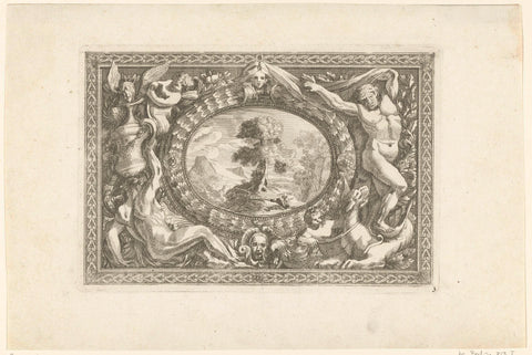 Medallion with landscape in rectangular frame, Jean Lepautre, c. 1696 - c. 1717 Canvas Print